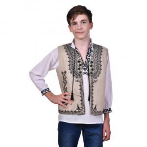 Vesta traditionala baieti, crem, broderie traditionala neagra, 2 - 14 ani, DNK0199