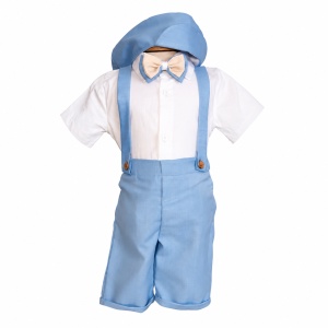Costum botez baiat bleu cu pantaloni trei sferturi cu bretele, camasa tip body, papion si bascuta eleganta, Denikos® H046