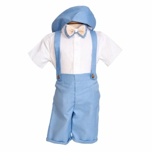 Costum botez baiat bleu cu pantaloni trei sferturi cu bretele, camasa tip body, papion si bascuta eleganta, Denikos® H046