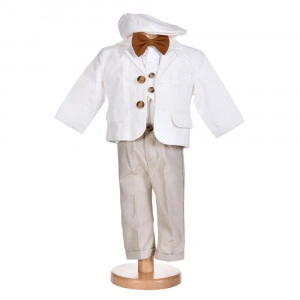 Costum botez baiat, nuante deschise, papion maro, 5 piese, Denikos® H004