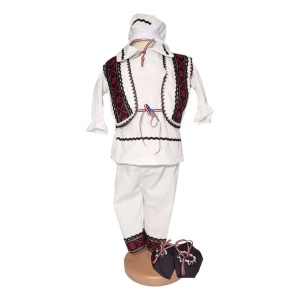 Costum botez popular pentru baieti, alb, decor rosu, negru, 5 piese, Denikos®PTB04