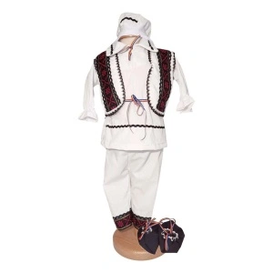 Costum botez popular pentru baieti, alb, decor rosu, negru, 5 piese, Denikos®PTB04