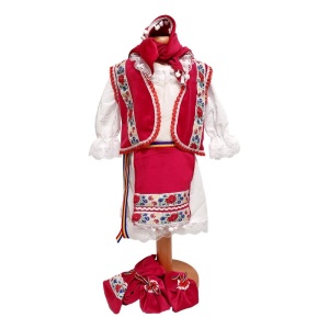 Costum botez traditional pentru fata, alb, decor rosu, 6 piese, Denikos®PTB10