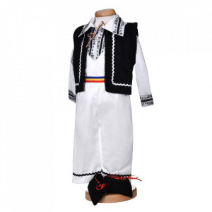 Costum popular baiat, 5 piese, alb - negru, Denikos® 1011