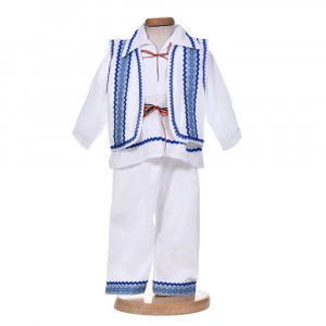 Costum traditional baietel, 4 piese, alb - albastru, Denikos® 0203