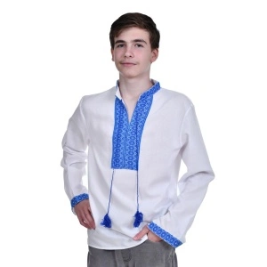 Ie traditionala baieti, alba, broderie motive nationale albastre, Denikos®TD204