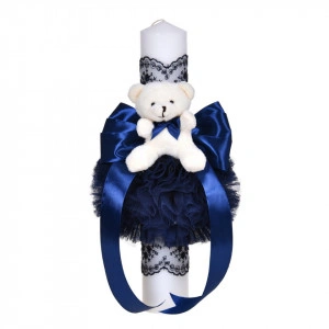 Lumanare botez decor bleumarin, fundita, dantela si ursulet asortate, Denikos® C1054