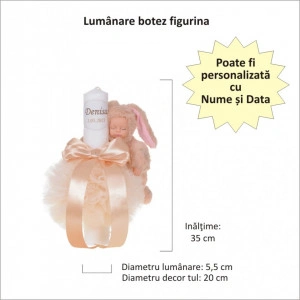 Lumanare botez personalizata, decor crem / ivoire cu tul, dantela si o jucarie iepuras, Denikos® 735 - Img 2
