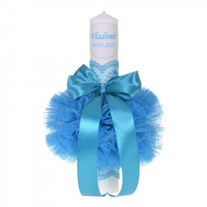 Lumanare botez personalizata, decor turcoaz cu tul si dantela, Denikos® 720