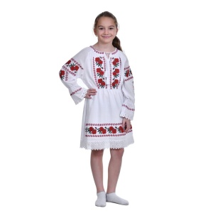 Rochie nationala fata, alba, broderie florala traditionala, 3-10 Ani, Denikos®TD232