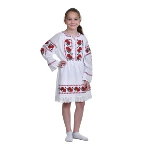 Rochie nationala fata, alba, broderie florala traditionala, 3-10 Ani, Denikos®TD232