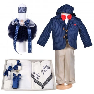 Set botez, costum botez baieti, 5 piese, trusou botez cu mesaj si lumanare cu ingeras, Denikos® C1161
