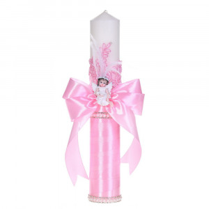 Set botez cu lumanare decor dantela, margelute si ingeras si trusou botez asortat, Roz, Denikos® C9315 - Img 3