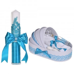 Set botez elegant, lumanare margelute si si trusou botez in landou, decor dantela turcoaz ingusta, Denikos® C9304