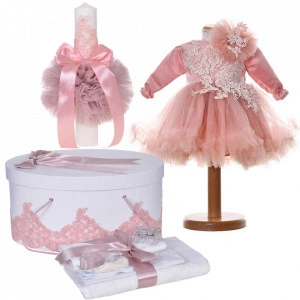 Set botez fetita, rochita 2 piese, trusou botez, cutie trusou si lumanare, decor roz pudra, Denikos® C9183