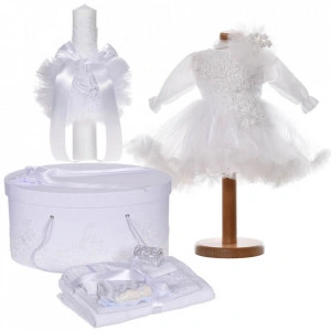 Set botez fetita, rochita 2 piese, trusou botez, cutie trusou si lumanare, decor alb diafan, Denikos® C9185