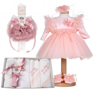 Set botez fetita, rochita 3 piese, trusou botez cu mesaj si lumanare, decor roz pudra, nuanta deschisa, Denikos® C1176