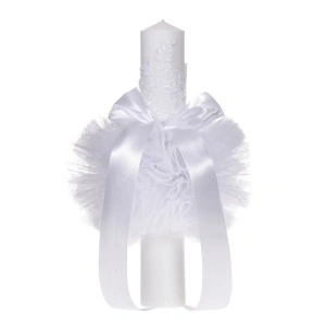 Set botez, rochita botez cu volanas, 3 piese, trusou botez si lumanare, decor dantela alba, diafana, Denikos® C1150 - Img 2