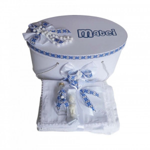 Set cutie trusou personalizata si trusou botez, decor traditional, albastru, Denikos® 230