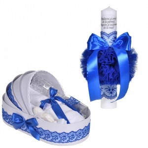 Set lumanare botez cu mesaj si trusou botez in landou, decor dantela albastra ingusta, Denikos® C1064