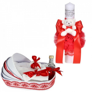 Set lumanare botez cu mesaj si ursulet si trusou botez in landou, decor dantela rosie lata, Denikos® C1090