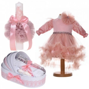 Set rochita botez, trusou botez in landou si lumanare, decor dantela roz pudra, Denikos® C9191