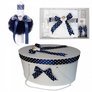 Set trusou botez, cutie trusou si lumanare, Ingeras, fundita bleumarin, Denikos® 13