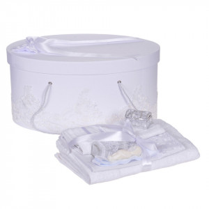 Set trusou botez si cutie trusou, dantela si fundita, decor elegant Alb, Denikos® 845