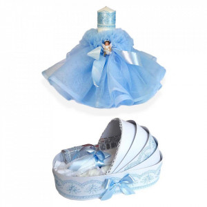 Trusou botez in landou si lumanare cu ingeras, decor bleu Denikos® 166