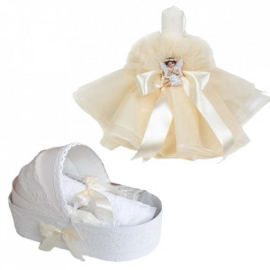 Trusou botez in landou si lumanare rochita cu ingeras, decor Ivoire, Denikos® 584