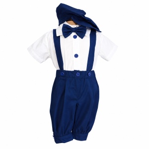Costum botez baiat bleumarin cu pantaloni trei sferturi, bretele, papion si basca eleganta Denikos® H044 - Img 2