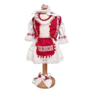 Costum botez national pentru fete, alb, decor rosu, 5 piese, Denikos®PTB09