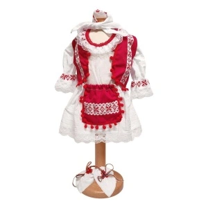 Costum botez national pentru fete, alb, decor rosu, 5 piese, Denikos®PTB09
