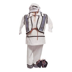 Costum botez popular pentru baieti, alb, decor albastru, negru, 5 piese, Denikos®PTB03