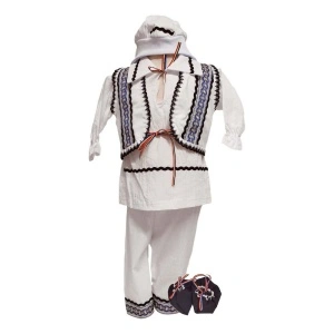 Costum botez popular pentru baieti, alb, decor albastru, negru, 5 piese, Denikos®PTB03