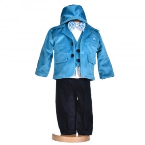 Costumas botez baietel, catifea turcoaz, 5 piese, Denikos® H015