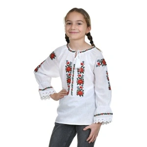 Ie nationala fete, alba, broderie cu motive florale, populare romanesti, Denikos®TD236 - Img 3