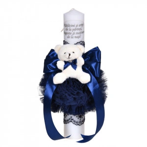 Lumanare botez cu mesaj decor bleumarin, cu fundita, dantela si ursulet Denikos® C1045
