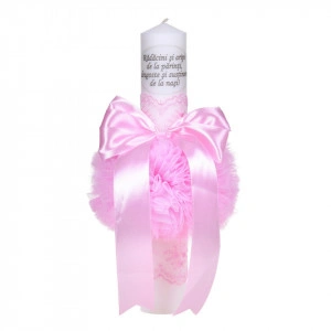 Lumanare botez cu mesaj, decor roz, cu fundita si dantela, Denikos® C1037