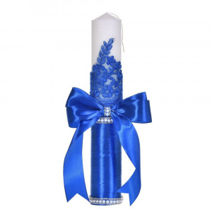 Lumanare botez decor albastru elegant, dantela, margelute si fundita asortata, Denikos® C1189