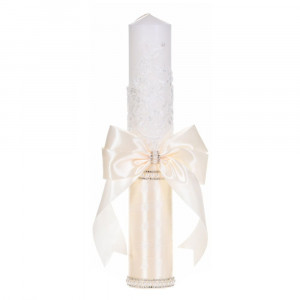 Lumanare botez decor crem/ivoire elegant, dantela, margelute si fundita asortata, Denikos® C1196