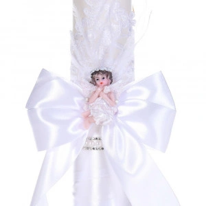 Lumanare botez eleganta decor alb dantela, ingeras cu pene si fundita asortata, Denikos® C1179 - Img 3