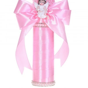 Lumanare botez eleganta decor roz, dantela, ingeras cu pene si fundita asortata, Denikos® C1186 - Img 3