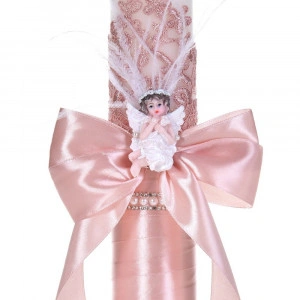 Lumanare botez eleganta decor roz pudra, dantela, ingeras cu pene si fundita asortata, Denikos® C1183 - Img 2