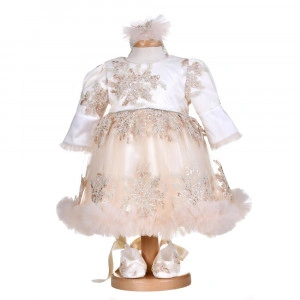 Rochie botez fata, cu volanas, culoare alb-ivoire, 3 piese, Denikos® H031