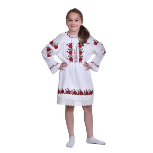 Rochie traditionala fata, alba, broderie florala rosie, 3-10 Ani, Denikos®TD229 - Img 2