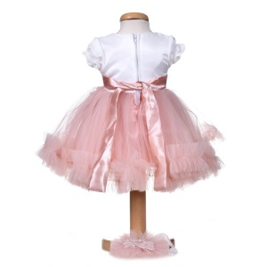 Rochita botez maneca scurta pentru fete, alb - roz pudra, cu dantela, tulle si bentita - tinuta eleganta pentru botez Denikos® H049 - Img 2