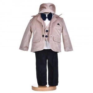 Set botez, costum botez baieti, catifea, bej, 5 piese, trusou botez cu mesaj si lumanare cu ingeras, Denikos® C1169 - Img 3