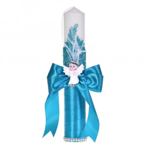Set botez cu lumanare dantela, margelute si ingeras si trusou botez asortat, decor Turcoaz, Denikos® C9313 - Img 4