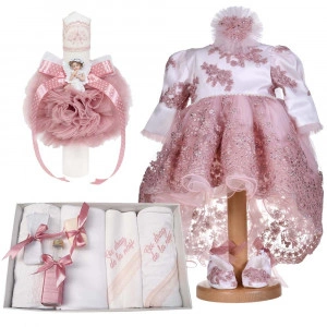 Set botez fetita, rochita cu trena, 3 piese, trusou botez cu mesaj si lumanare, decor roz pudra, Denikos® C1177